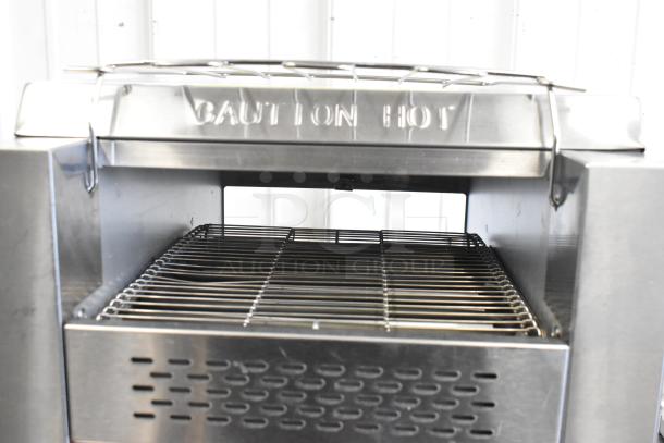 Brand new Avantco 184T3300D stainless steel conveyor toaster, 10" wide, 3" opening, 800 slices/hr, with "CAUTION HOT" label.