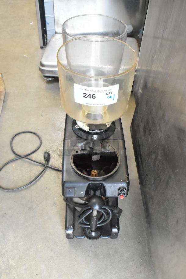 Metal commercial countertop espresso bean grinder, no lid, 115 volts, 1 phase, marked with auction lot number 246.