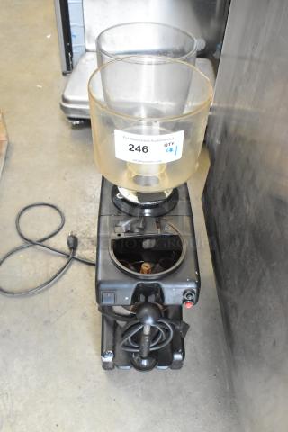 Metal commercial countertop espresso bean grinder, no lid, 115 volts, 1 phase, marked with auction lot number 246.