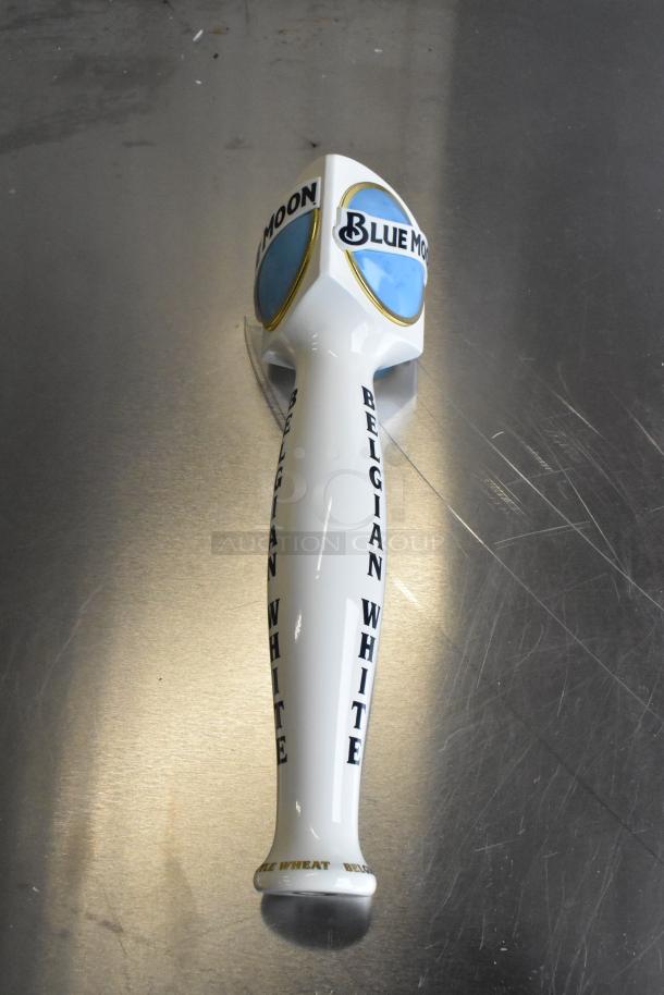 Blue Moon Belgian White tap handle, brand new, with blue logo and gold accents. Text reads "Belgian White."