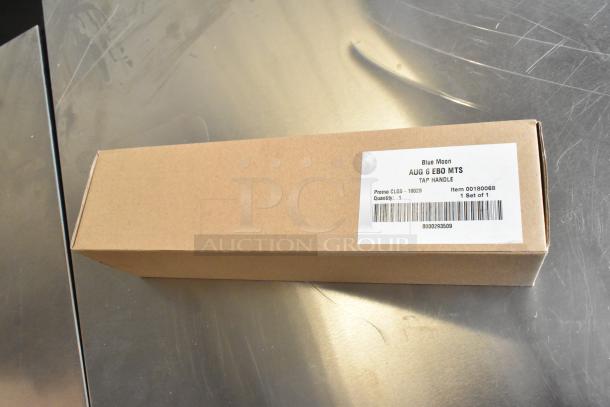 Boxed Blue Moon tap handle, new with label "AUG 6 EBO MTS, Tap Handle, Promo CLQ5 - 18029, Quantity: 1."