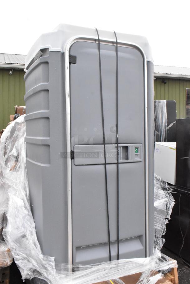 Brand new PolyJohn FS3-1005 Fleet Pewter portable restroom. Scratch and dent condition, packaged with protective plastic.