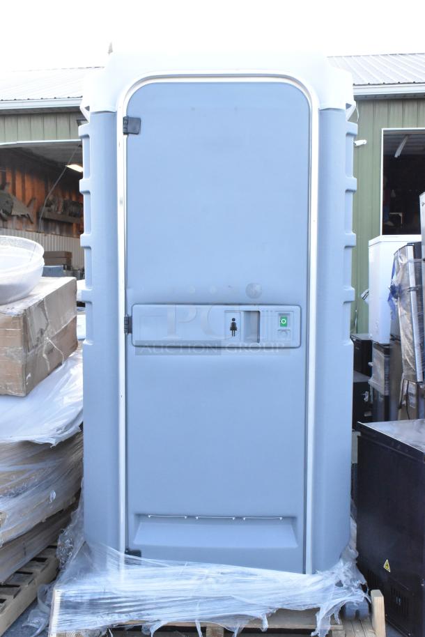 PolyJohn FS3-1005 Fleet Pewter Portable Restroom, brand new with minor scratches, durable design, premium features.