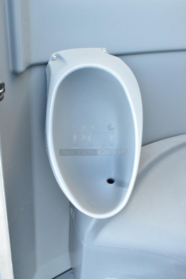 PolyJohn FS3-1005 Fleet Pewter portable restroom, gray with minor scratches, brand new condition, urinal shown.