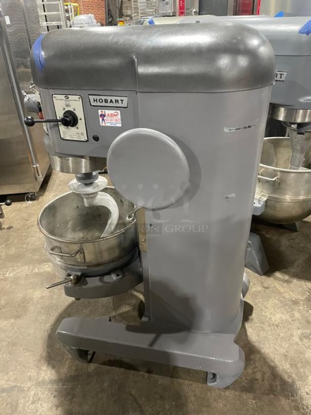 Hobart H600 commercial mixer, 60 qt., includes mixing bowl and spiral dough hook, 208V 3-phase, on legs, good condition.