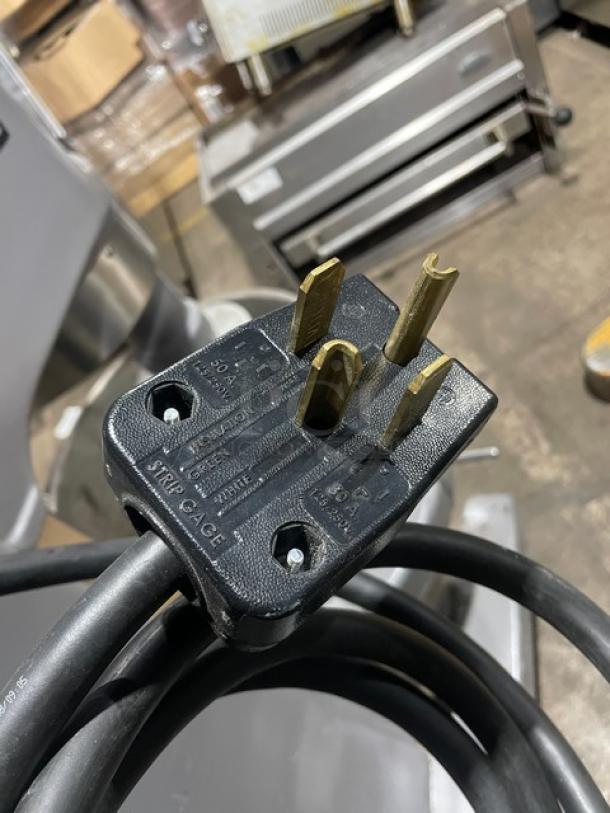 Hobart H600 heavy-duty 60 Qt. planetary mixer, includes mixing bowl, spiral dough hook, 208V 3-phase, shown with power plug.