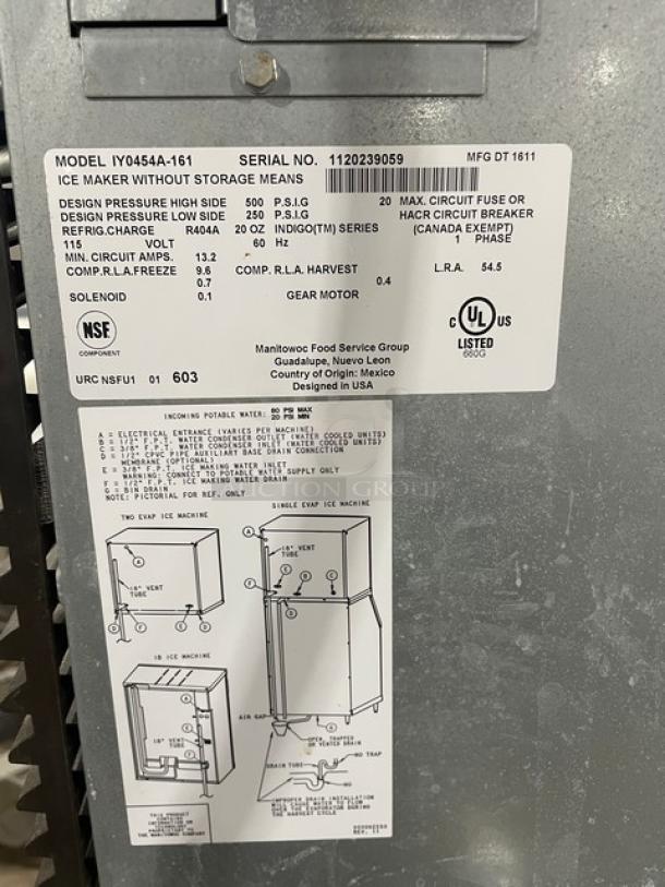 Manitowoc Indigo Series IY0454A161 ice machine head/bin combo; stainless steel, air-cooled, Energy Star certified, on legs, 115V, 1 phase.