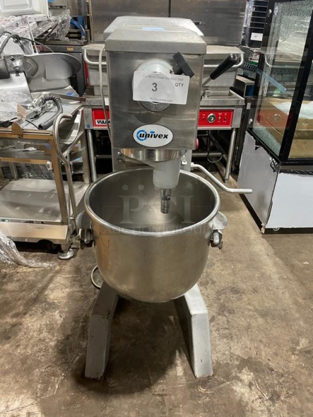 Univex 30 Qt. commercial planetary mixer SRM30+, stainless steel bowl, model SRM30+, serial M017193, on legs, 115V.