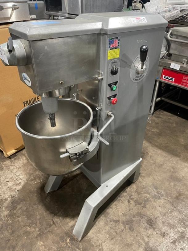 Univex SRM30+ 30 Qt. planetary mixer with stainless steel bowl, electric-powered, 115V 1 Phase, on legs, commercial-grade.