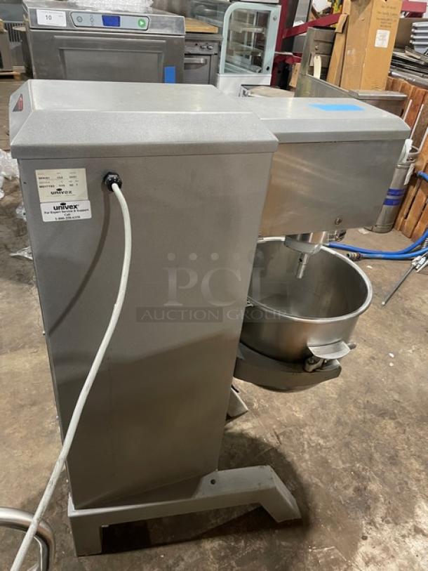 Univex SRM30+ 30 Qt. Electric Planetary Mixer with stainless steel bowl, on legs, 115V, serial M017193, commercial use.