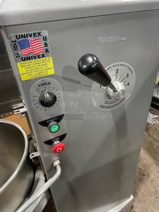 Univex SRM30+ 30 Qt. commercial mixer with stainless steel bowl, timer, and control panel. 115V, 1 phase, on legs. Model SN: M017193.