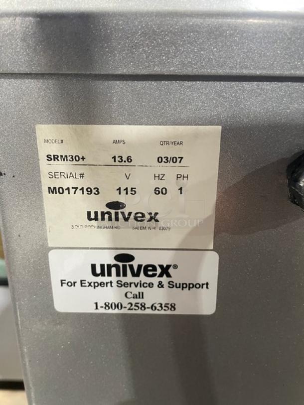 Univex SRM30+ commercial 30 qt. planetary mixer, stainless steel bowl, model SRM30+, SN M017193, 115V, 1 phase, on legs.