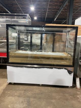 Omcan stainless steel 60" refrigerated bakery display case, model RSCN0471S, with straight glass and multi-tier design on casters.