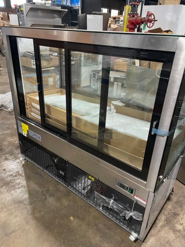 Omcan commercial stainless steel 60" refrigerated bakery display case, model RSCN0471S. Straight glass, multi-tier, on casters.