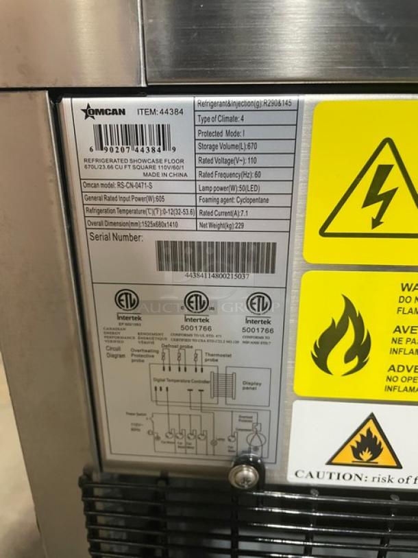 Omcan Commercial 60" Refrigerated Display Case. Model: RS-CN-0471-S. New condition, scratch-n-dent. Serial: 44384114800215037. 110V, 1 Phase, on casters.