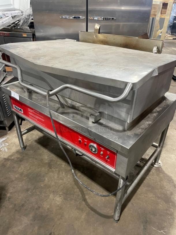 Vulcan commercial stainless steel natural gas braising pan with tilt skillet, on legs, red control panel, excellent condition.