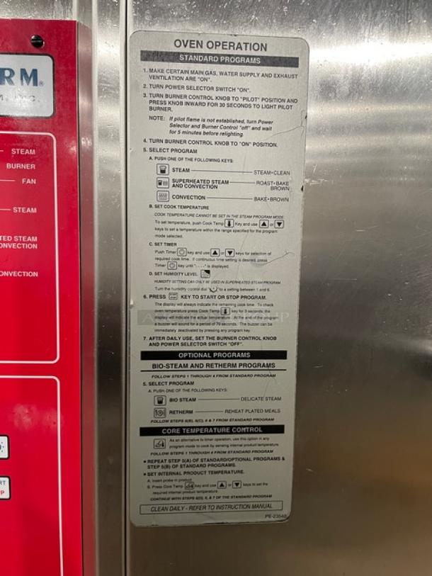 Alto-Shaam Combitherm Series Stainless Steel Combi Oven, Model 2020G. Includes operation instructions panel.