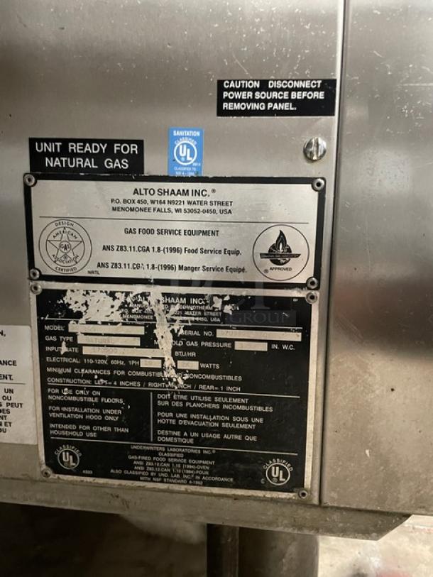 Alto-Shaam Combitherm Series Combi Oven, Model 2020G, Stainless Steel, Natural Gas, Serial G7U98080070, 110-120V, Tags Visible.