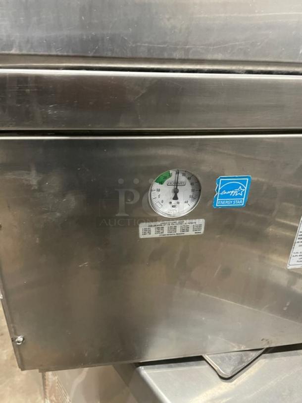 Hobart LXi Series stainless steel undercounter dishwasher, electric-powered, Energy Star certified, visible gauge and label.