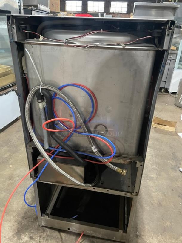 Hobart LXEH commercial stainless steel undercounter dishwasher, new body style, internal view showing wiring and pipes, Energy Star certified.