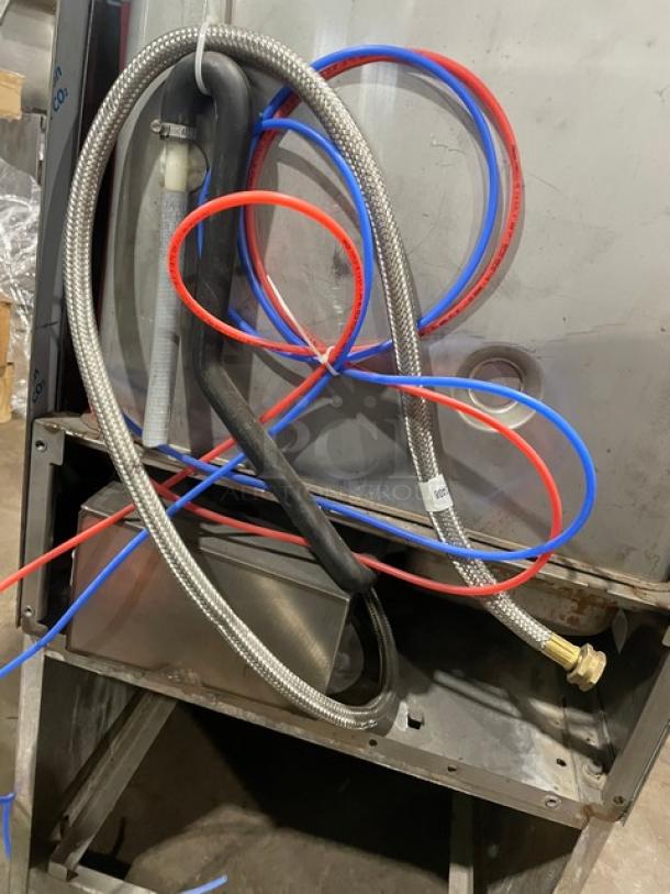 Hobart LXEH commercial dishwasher, stainless steel, Energy Star certified, visible hoses, new body style, model tag shown.