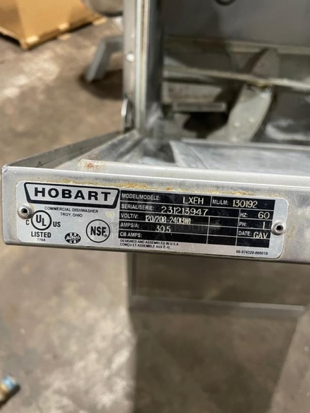 Hobart LXEH Commercial Stainless Steel Dishwasher, Energy Star, high temp, label shows model, SN, voltage, certified marks.