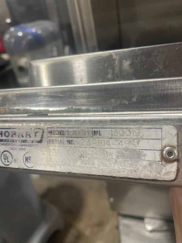 Hobart LXiGH commercial dishwasher, stainless steel, Energy Star certified. Model: LXIGH, SN: 23-1114-494, 120/208-240V.