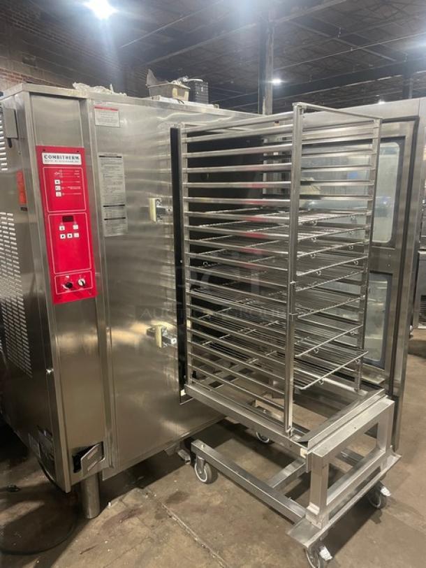 Alto-Shaam Combitherm 2020G full-height stainless steel combi oven, natural gas, on legs. Features control panel and rack.