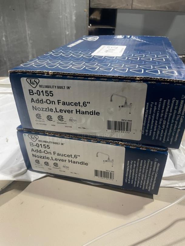 Brand new T&S B0155 commercial 6" add-on faucet with lever handle, in packaging. Model: B-0155.