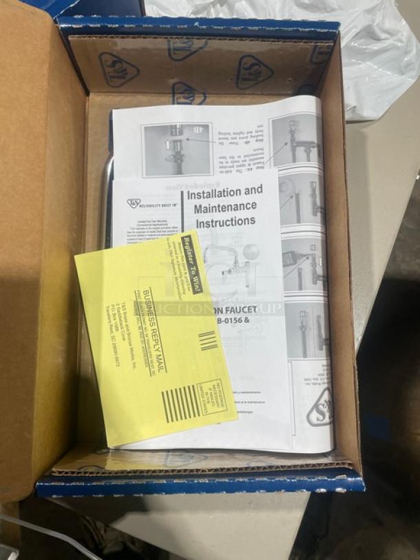 Brand new T&S B-0155 commercial 6" add-on faucet with lever handle, includes installation instructions and warranty card.