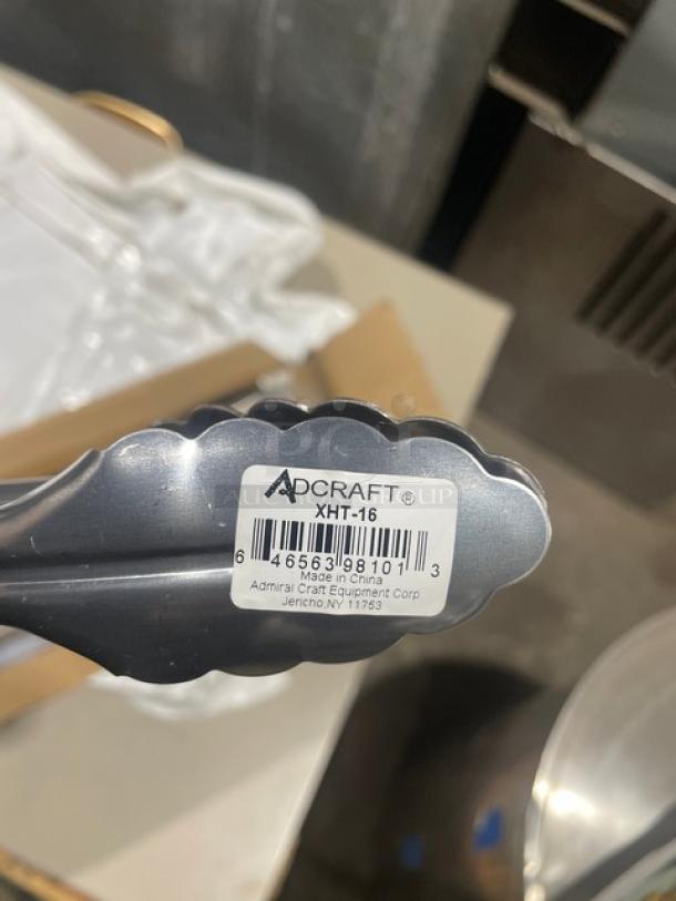 Adcraft XHT-16 stainless steel scalloped tong, 16-inch, new condition, visible label indicating model and origin.