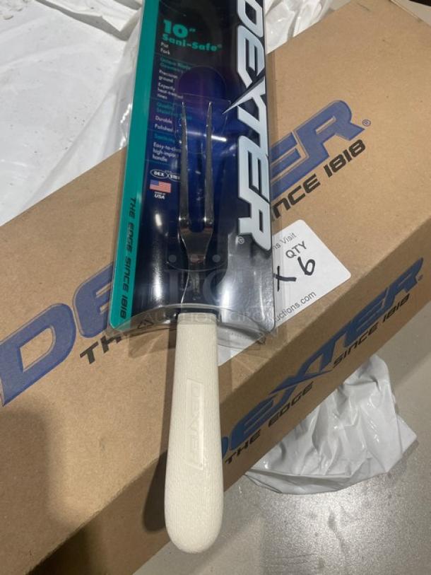 Dexter Russell Sani-Safe 10" stainless steel pot fork, model S203PCP, with white grip handle, new in packaging.