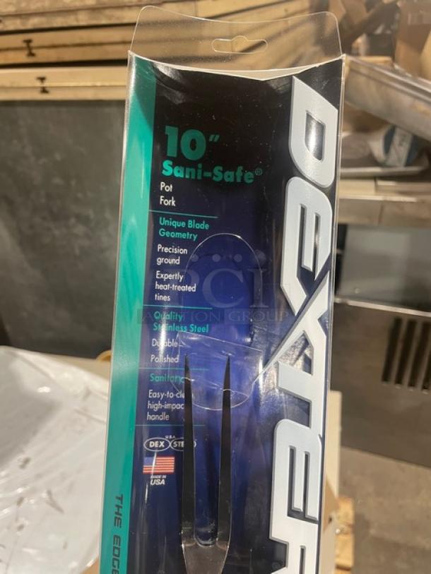 Dexter Russell Sani-Safe 10" pot fork, model S203PCP, with white grip, stainless steel construction, new in packaging.