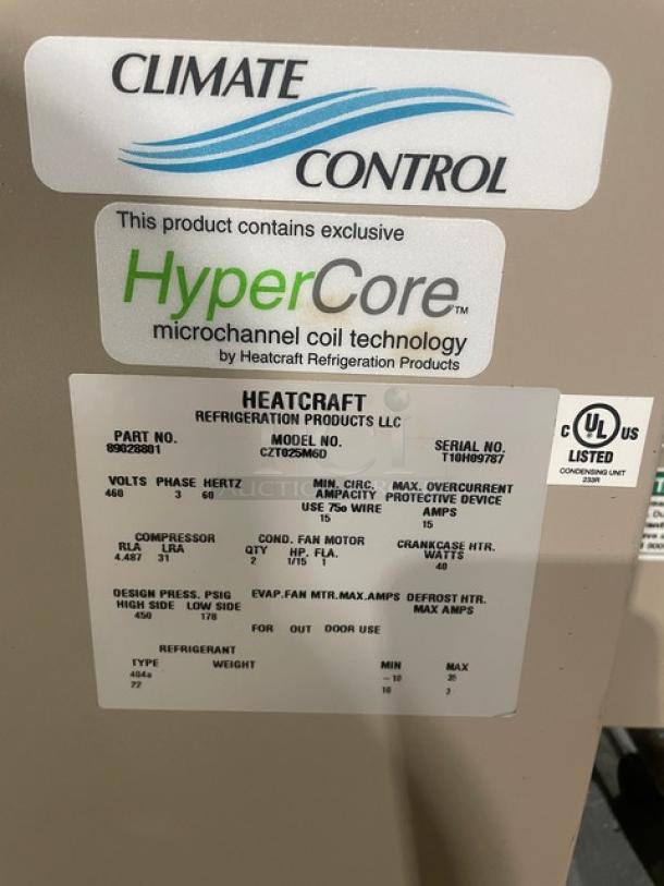 Heatcraft condensing unit model CZT025M6D, 460V 3-phase, featuring HyperCore technology. Serial: T10H09787. UL listed.