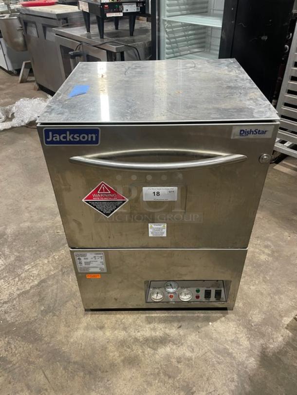 Jackson DishStar Series commercial undercounter dishwasher, model DISHSTARHT, stainless steel, 208-230V, with controls and labels visible.