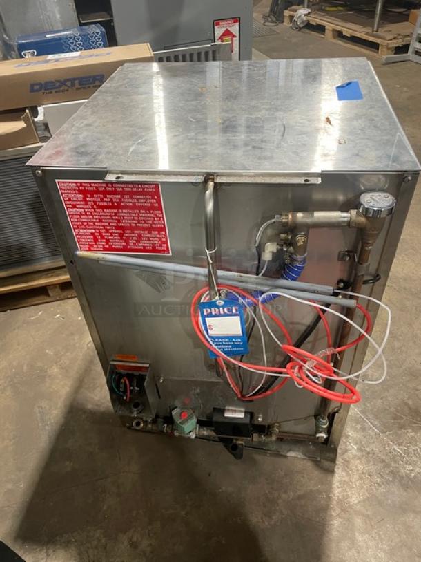 Jackson DishStar commercial undercounter dishwasher, stainless steel, electric, high-temp, model DISHSTARHT, SN 19H378197, 208-230V, 1 phase. Features full-size peg rack, visible wiring, and instruction labels.