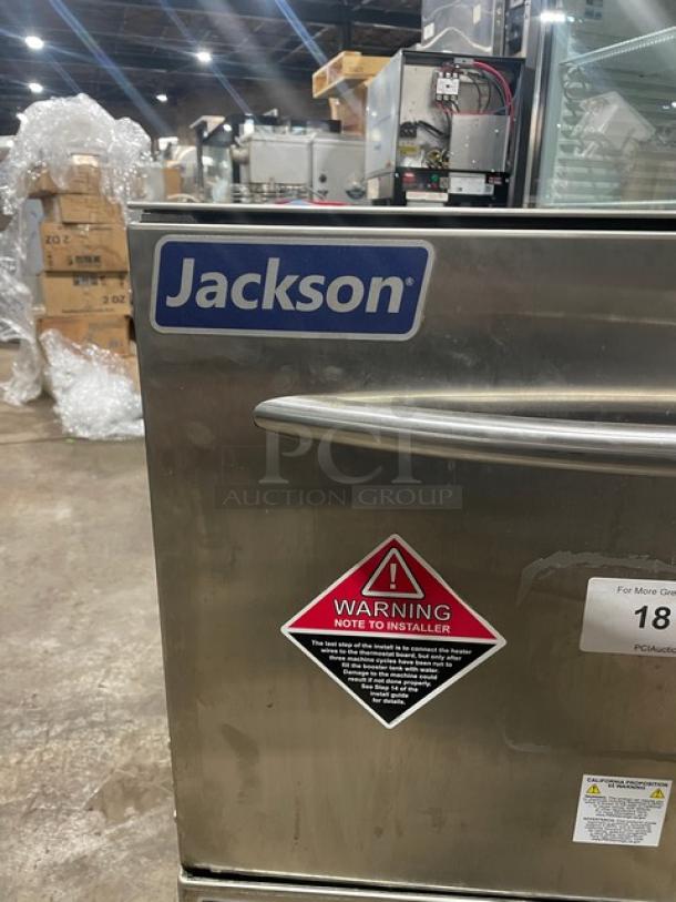 Jackson DishStar Series commercial dishwasher, model DISHSTARHT, stainless steel, undercounter design, with warnings visible.