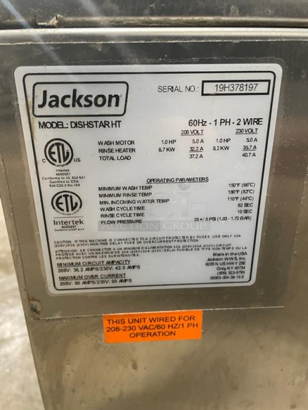 Jackson DishStar Series undercounter dishwasher, Model DISHSTARHT, serial 19H378197, stainless steel, 208-230V, single phase.