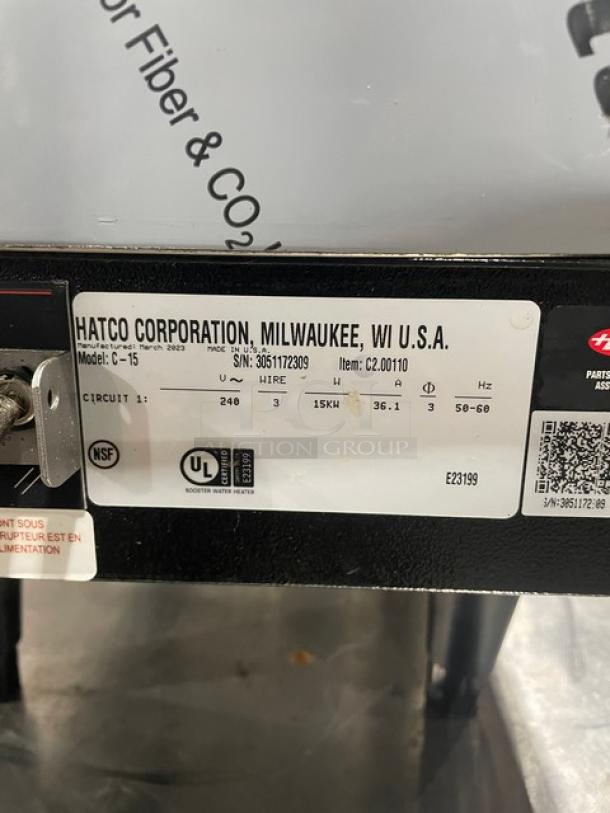 Hatco C-15 commercial stainless steel booster water heater, 2023 model, 240V 3-phase, serial 3051172309, on legs.