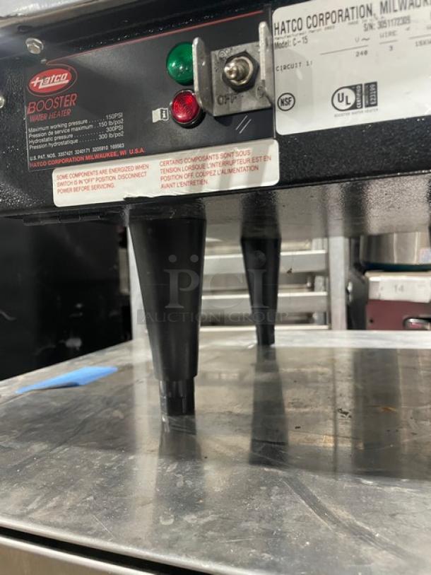 Hatco C-15 commercial booster water heater, electric, stainless steel, 2023 model, 240V 3 phase, on legs, control panel visible.