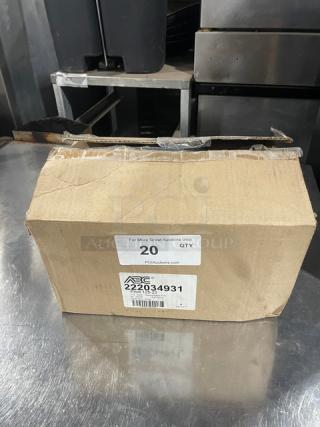 New ABC stainless steel 1/3-size 4" deep hotel pan in box. Model 222034931. Box label shows quantity 20.