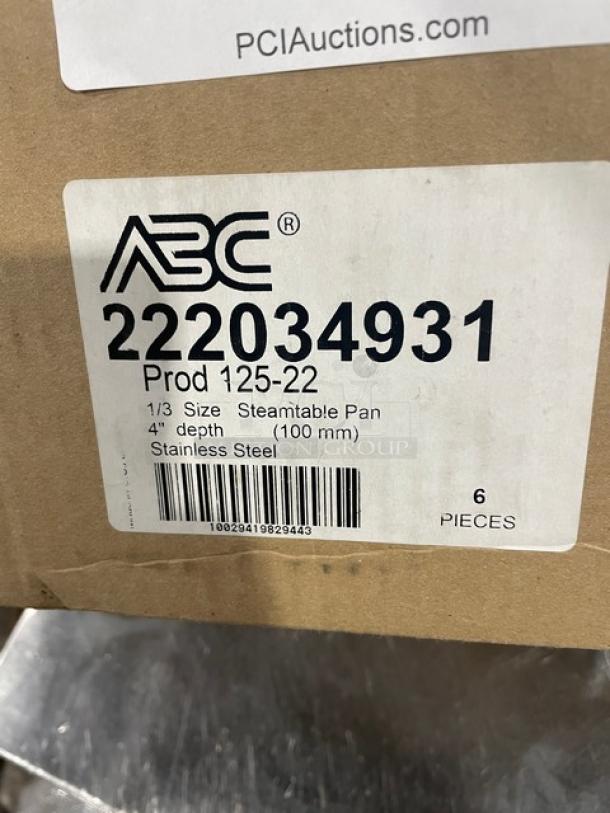 NEW ABC Stainless Steel Steamtable Pan, Model 222034931, 1/3 size, 4" deep, sealed box with label indicating 6 pieces.
