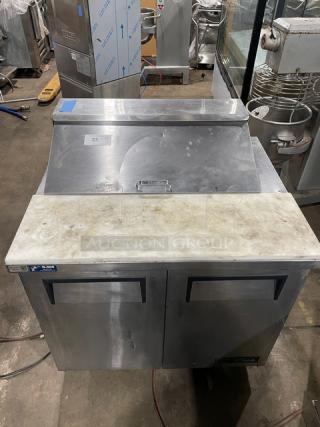 True Commercial Stainless Steel 2 Door Refrigerated Bain Marie Style Salad/Sandwich Prep Table! With Cutting Board & Hotel/Steamtable Pan! With Poly Coated Wired Rack! Model: TSSU-36-08 SN: 8877338! 115V 1 Phase! On Casters! Working When Removed! - Item #1219868