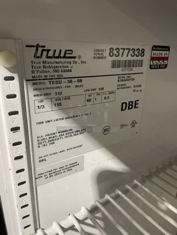 True TSSU-36-08 refrigerated prep table, stainless steel, 2 doors, includes cutting board, steamtable pan, wire rack, 115V.