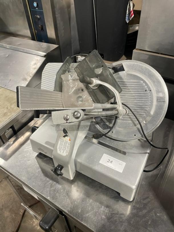 Bizerba Commercial Electric Deli Meat Slicer, countertop model on legs, silver, used condition, visible controls and power cord.