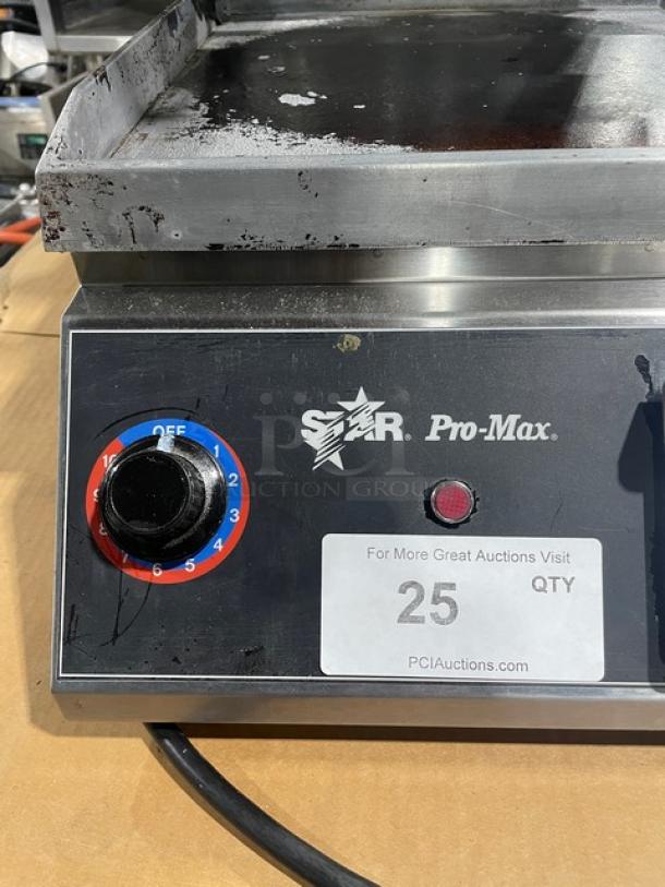 Star Pro-Max Series commercial stainless steel countertop panini/sandwich press grill, electric powered, used condition, dial settings visible.