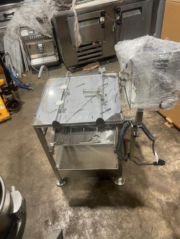 M&E Face-To-Face Fresh Deli Pro Series commercial stainless steel slicer cart with legs, single undershelf, and casters.