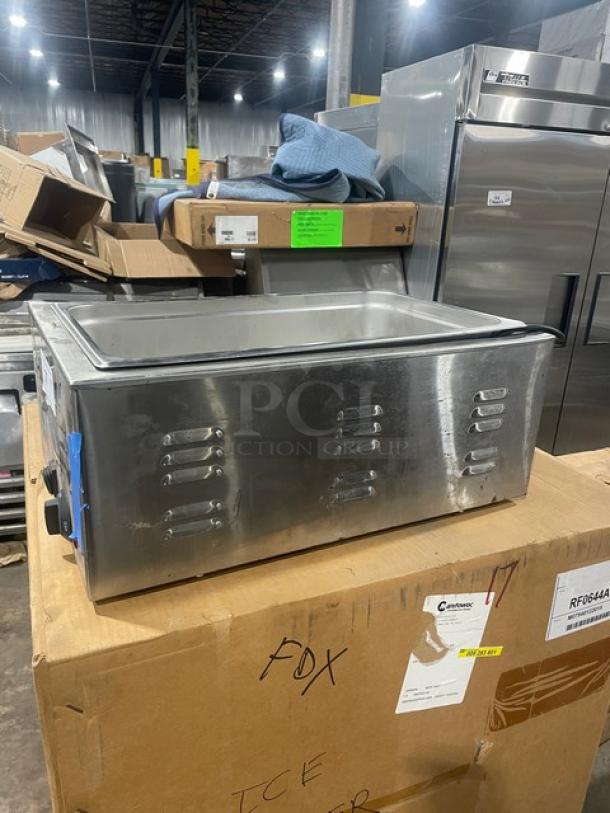 Crestware stainless steel electric countertop single well food warmer, used condition, visible controls on side, sturdy design.