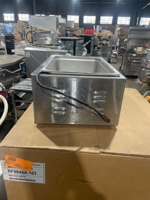 Crestware Commercial Stainless Steel Electric Food Warmer, single well, countertop model, includes power cord, slight wear visible.