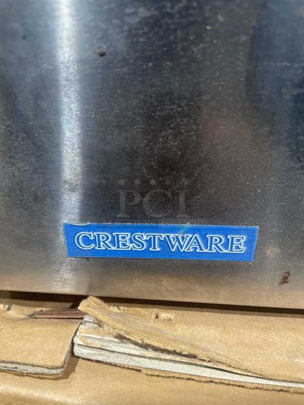 Crestware commercial stainless steel electric food warmer; single well, countertop model with blue Crestware label.